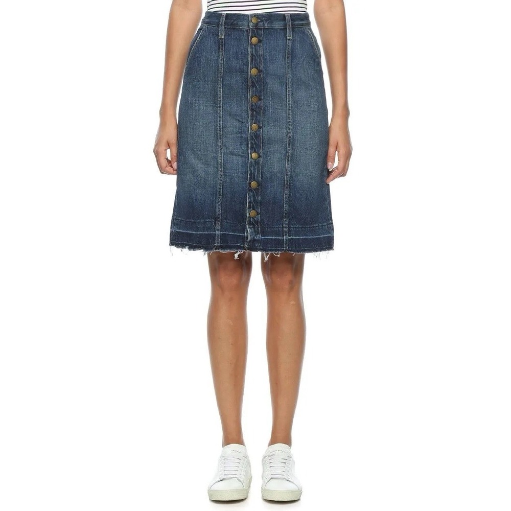 Current Elliott The Short Sally Skirt Blue Denim Button Front Raw Hem Size 27